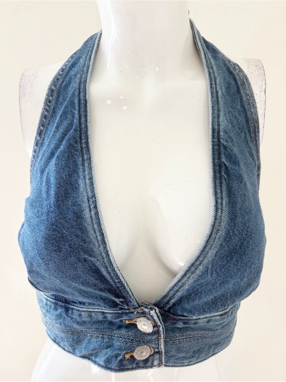 Levi's Blue Denim Jean Deep V Plunge Neck Backless Halter Crop Top